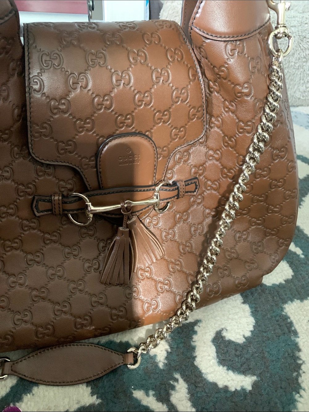 Gucci Emily Dark Brown GG Embossed Leather Shoulder Bag with Tassel Horsebit